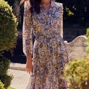 Misa Los Angeles Womens Ahreana Chiffon Tiered Dress Large Blue Sketched Floral